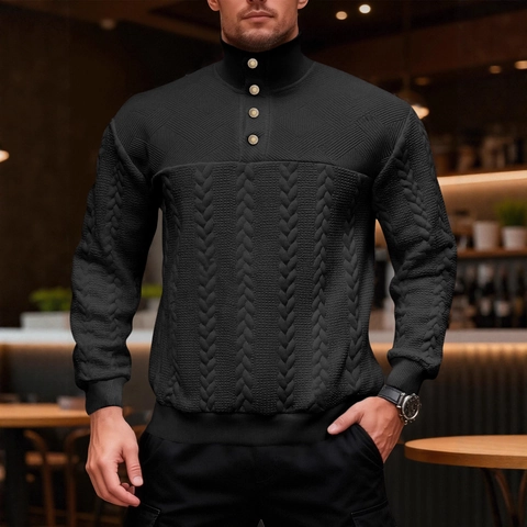 Heren Gebreide Trui Vintage Kabeltextuur Opstaande Kraag Knopen Pullover Losse Lange Mouwen Polyester Casual Tops