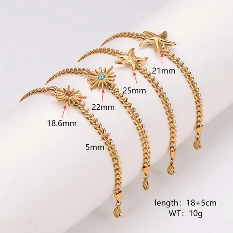 Bracciale Ciondolo Stella Marina Sole Catena Foglia Spiga Acciaio Inossidabile 304 Placcato Oro 18K Pietra Turchese
