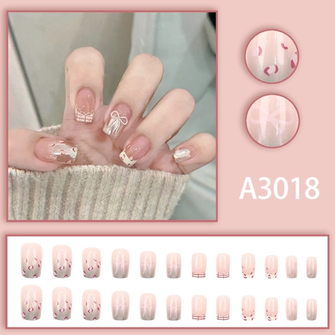 Press On Nails Leopard Print Bow Knot Lace Gradient Sweet Cute Short Square Shape Artificial False Nails