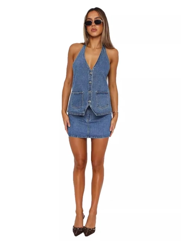 Damen Casual Denim Neckholder Weste Und Passender Rock V Ausschnitt Einreihige Weste Einfarbig Streetwear Ärmelloses Top