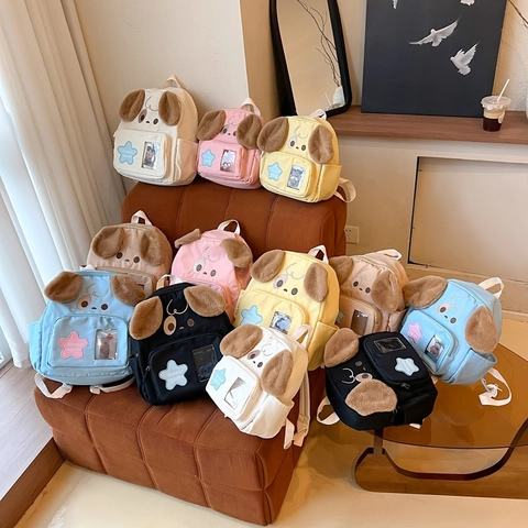 Kids Backpack Cute Cartoon Dog With Plush Ears Oxford Cloth Toddler School Bag Kindergarten Boys Girls Lightweight Star Decor Transparent Window