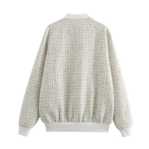 Women Tweed Jacket Zip Up With Sequins Ribbed Trim Elegant Casual Long Sleeve White Coat