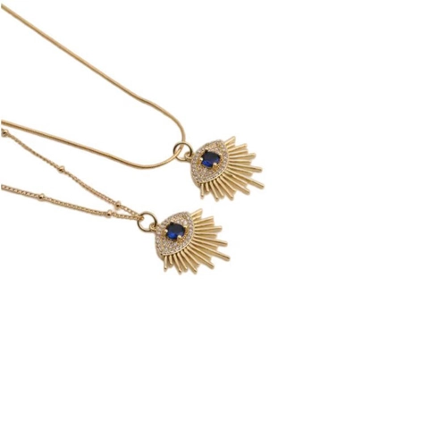 Evil Eye Pendant Necklace Copper Gold Plated With Blue Gemstone And Zircon Retro Sunburst Jewelry For Women