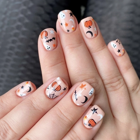 Halloween Press On Nails Kürbis Geist Fledermaus Muster ABS Kunststoff Kurz Quadratisch Rund Glänzend Künstliche Fingernägel