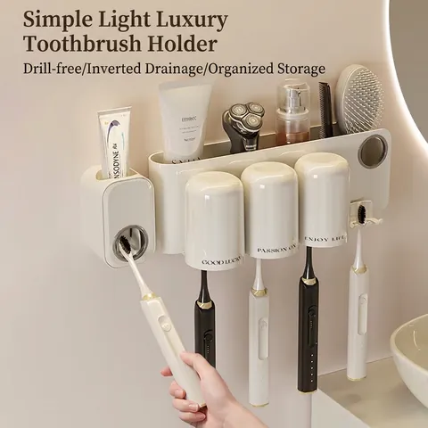 Support Brosse À Dents Blanc Crème Mural Distributeur Dentifrice Automatique Avec Gobelets Magnétiques Organisateur De Salle Bain