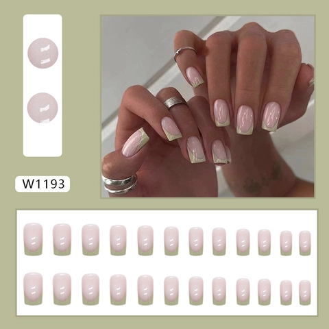 Unghie Finte French Tip Verdi Quadrate Unghie Artificiali Stile Semplice Ed Elegante Per Donne
