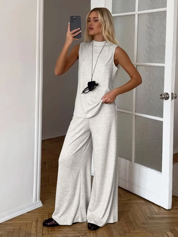 Top Senza Maniche A Collo Alto E Pantaloni A Gamba Larga Viscosa Elastan Minimalista Casual Donna Tinta Unita