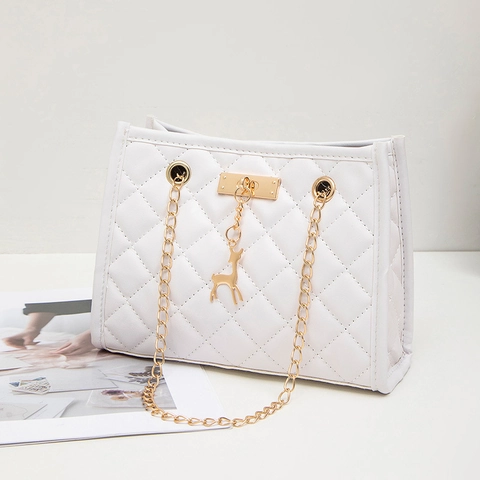 Women Quilted Crossbody Bag PU Leather Gold Chain Shoulder Bag With Deer Pendant Minimalist Small Square Purse