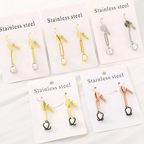 Orecchini Pendenti Con Perla Artificial Di Conchiglia Lunghi Acciaio Inossidabile Catena Rettangolare Geometrica Gioielli Eleganti Donna
