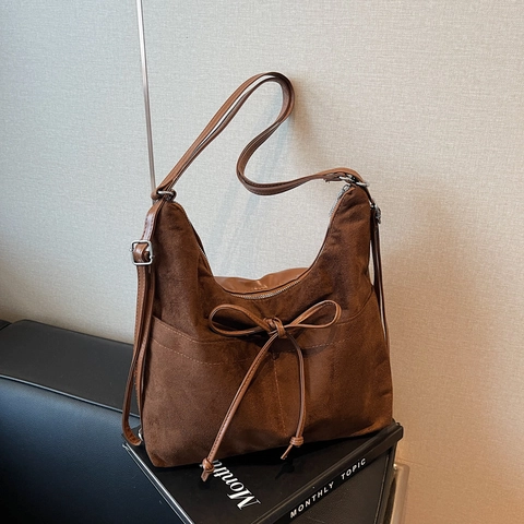 Vintage Faux Wildleder Tote Bag Damen Große Kapazität Schleife Dekor Schultertasche Lässige Hobo Stil Handtasche