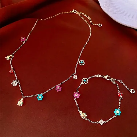 Ciondoli Fiore Coccinella Zircone Colorato Collana E Bracciale Vintage In Rame Stile Di Lusso Per Donna