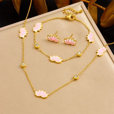 Lotus Blume Schmuck Edelstahl Pink Emaille Vergoldet Zirkonia Halskette Ohrringe Armband Elegant Neuer Chinesischer Stil