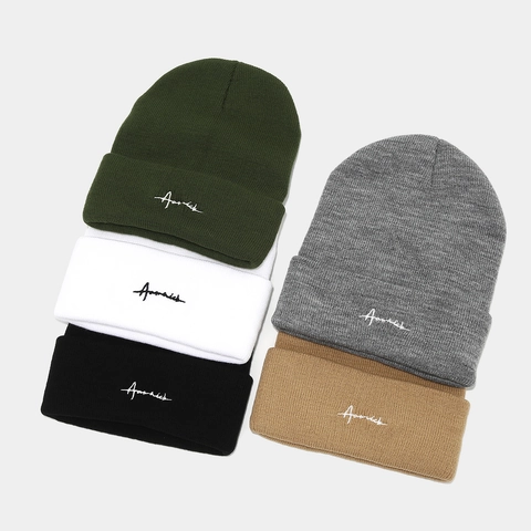 Winter Knitted Beanie Hat Acrylic Cuffed Soft Warm Outdoor Casual Letter Embroidered Ribbed Solid Color For Men Women