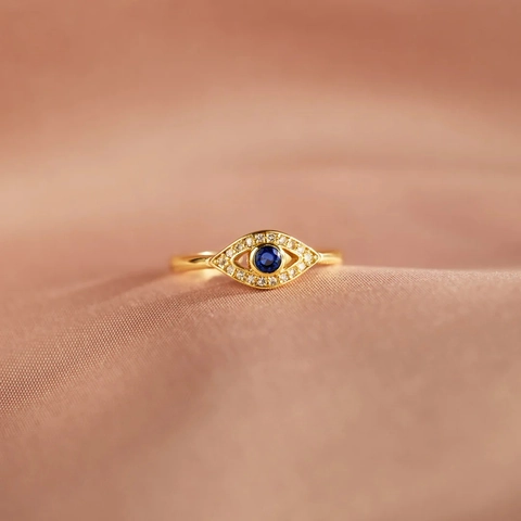 Anello Aperto Regolabile in Argento Sterling S925 Con Malocchio e Zirconia Placcato Oro Occhio Blu Gioielli da Donna