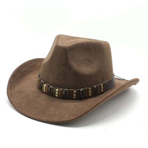 Chapeau De Cow-Boy Western Vintage Fedora En Suède À Bord Large Avec Décor De Coquillages Ethniques Pour Hommes Et Femmes