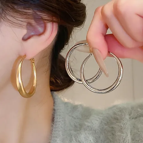 C Shaped Hoop Earrings With Silver Earring Post Matte Gold Polished Silver Geometric Minimalist Metal Fashion Jewelry For Women