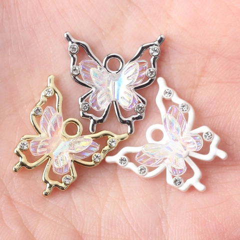 Ciondoli Farfalla Lega Resina Iridescente Strass Pendenti Per Creazione Gioielli DIY Collane Bracciali Accessori