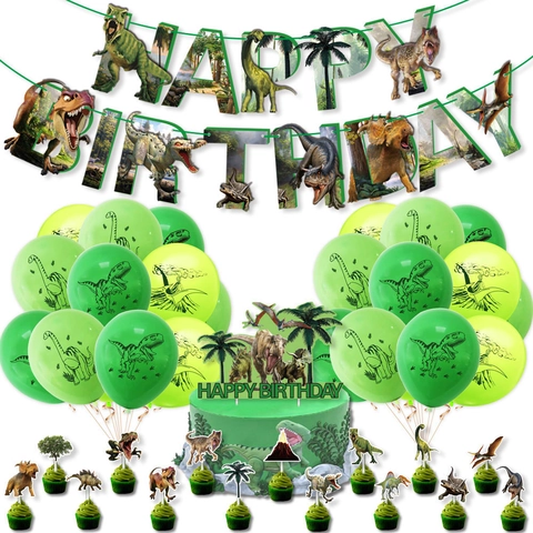 Set Décoration Fête Anniversaire Thème Dinosaure Happy Birthday Bannière Ballons en Latex Cake Toppers Articles de Fête