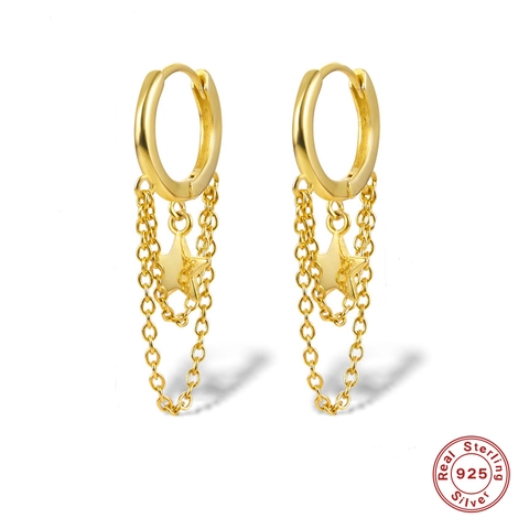 925 Sterling Silver Star Tassel Hoop Earrings Long Double Layer Chain Minimalist Dangle Jewelry For Women