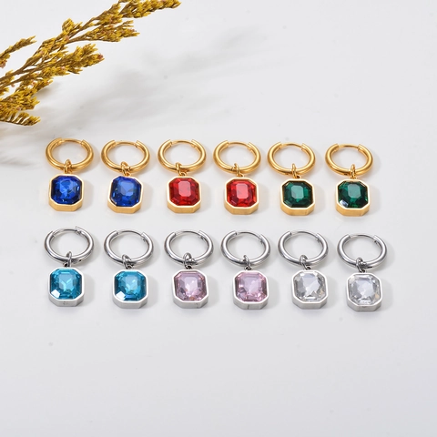 Stainless Steel Crystal Glass Pendant Hoop Earrings French Style Geometric Rectangle Emerald Cut Fashion For Women