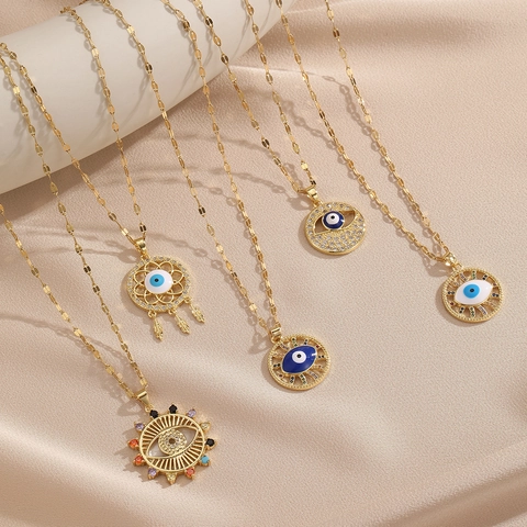 Evil Eye Pendant Necklace Copper Colorful Zircon Gold Plated Dreamcatcher Sunburst Moon Fashion Jewelry For Women