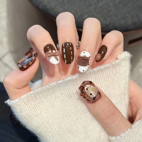 Handmade Press On Nails 3D Bows Waffle Chocolate Theme Short Oval Shape Glossy Fake Nails Sweet Cute For Women