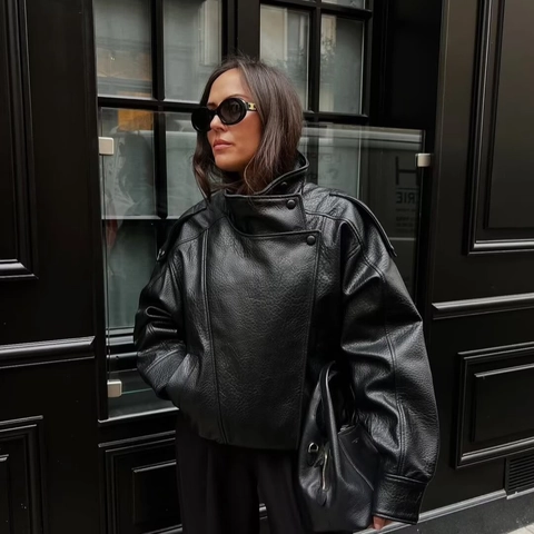 Women Faux Leather Biker Jacket Oversized Stand Collar Long Sleeve PU Outerwear Motorcycle Style Chic