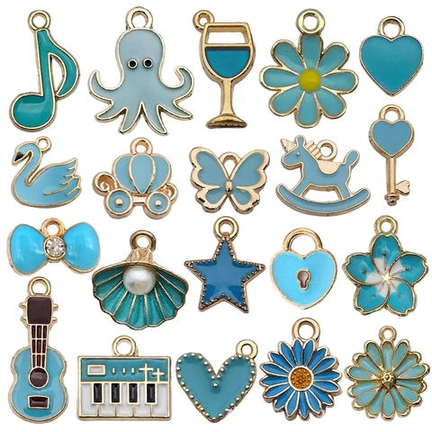 Lake Blue Enamel Alloy Charms For Jewelry Making Mixed Animal Flower Musical Instrument Pendants DIY Bracelet Crafting