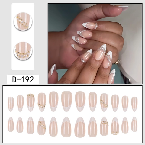 French Almond Shape Press On Nails Künstliche Perlen Goldperlen Dekor Lange Nude Rosa Weiße Künstliche Nägel
