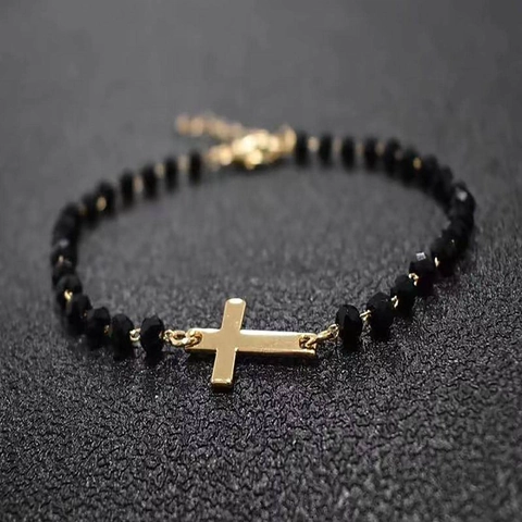 Bracciale Con Ciondolo Croce Cuore Stella Trifoglio Acciaio Inossidabile Perline Sfaccettate Nere Gioielli Regalo