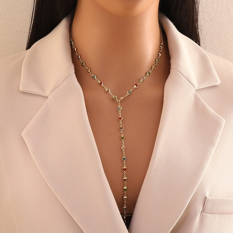 Fashion Colorful Crystal Y-Shaped Necklace For Women Copper Gold Plated Heart Geometric Pendant Jewelry Accessory