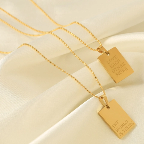 Stainless Steel Gold Plated Rectangular Pendant Necklace With Engraved Inspirational Words Ball Chain Minimalist Jewelry