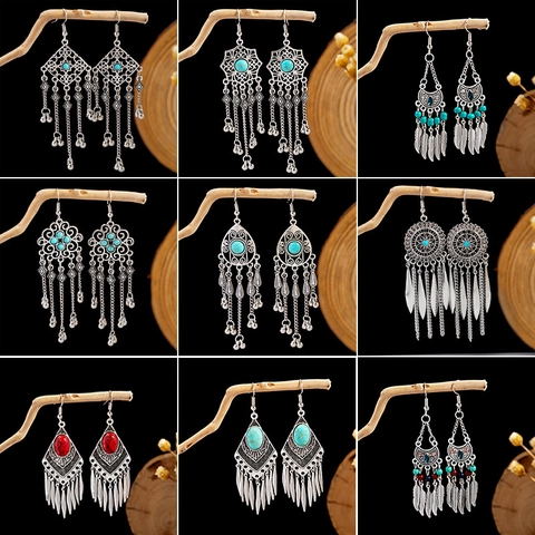 Bohemian Ethnic Dangle Earrings Zinc Alloy Hollow Design With 925 Sterling Silver Earring Post Vintage Turquoise Tassel