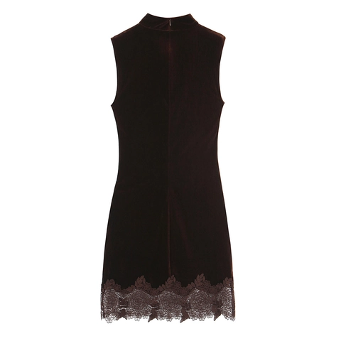 Women Velvet Mini Dress Sleeveless Mock Neck Side Ruched Lace Trim Bodycon Elegant Evening Party