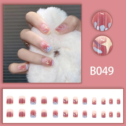 Press On Nagels Roze Rood Gradiënt Hart Ster Patroon Kort Vierkant Kunstnagels Voor Dames