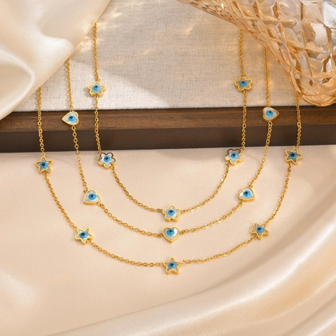 Collana con Pendente Malocchio in Acciaio Inossidabile per Donna Placcato Oro a Forma di Cuore Stella Fiore Smalto Gioielli