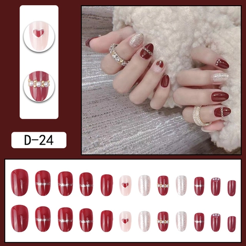 Faux Ongles Courts À Presser Design Cœur Rouge Strass Künstliche Perles Décor Élégant Argent Paillettes Manucure