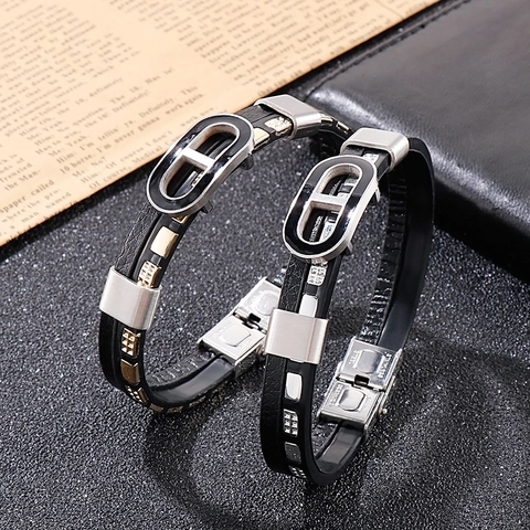 Men Bracelet Stainless Steel And Cowhide Leather Multi-layer Braided Cord Geometric Oval Link Punk Fashion Jewelry