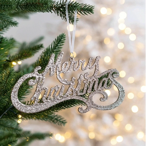 Targa Buon Natale Decorazione Appesa Glitter Plastica Lettera Piastra Ornamento Luccicante Per Albero Di Natale Decorazione Per Feste