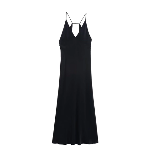 Eleganze Damen Satin Maxikleid Schwarz Tiefer V-Ausschnitt Spaghettiträger Abendkleid Sommer Ärmellos Rückenfrei Unterkleid