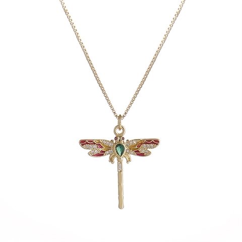 Collana Con Ciondolo A Libellula Rame Placcato Oro Con Zircone Pietra Verde Ali In Smalto Rosso Stile Vintage Per Donna