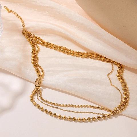 Layered Beaded Necklace For Women Stainless Steel Gold Plated Multi Strand Round Bead Clavicle Chain Minimalist Jewelry