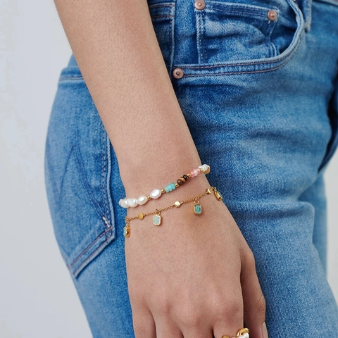 Collier Bracelet Perles De Culture Baroques Naturelles Et Pierres Pour Femmes Amazonite Oeil De Tigre Laiton Plaqué Or 18K