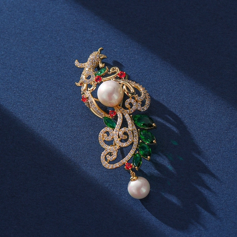 Eleganter Phönix Brosche Vergoldetes Kupfer Zirkonia Künstliche Perle Schmuck Für Damen Hochzeit Bankett Chinesischen Stil Vintage Schmuck