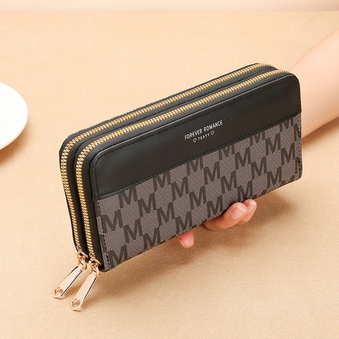 Cartera Larga Para Mujer Bolso De Mano De Cuero PU Doble Cremallera Gran Capacidad Correa De Muñeca Patrón De Moda Bolso De Mano