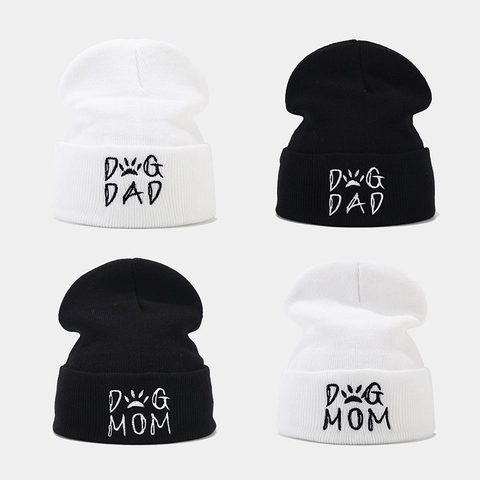 Strickmütze Acryl Bestickung Dog Mom Dad Warm Winter Outdoor Weiche Umschlagmütze Für Unisex Tierliebhaber