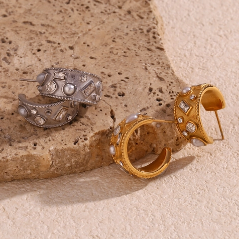 Orecchini A Cerchio A Forma Di C In Acciaio Inossidabile Placcato Oro 18K Perla Artificial Geometrica Con Zirconi Per Donna