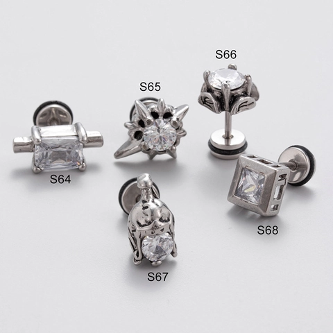Gothic Punk Men's Stainless Steel Stud Earrings With Zircon Vintage Industrial Style Flat Back Piercing Jewelry