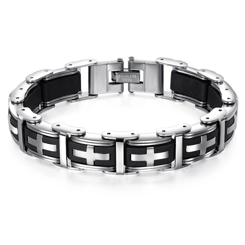 Bracciale Da Uomo In Acciaio Inossidabile Silicone Nero Maglie A Croce Stile Punk Gioielli Moda Uomo