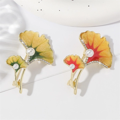 Spilla a Foglia di Ginkgo Smaltata in Stile Cinese per Donna in Lega di Zinco con Strass e Perla Artificiale Gioielli